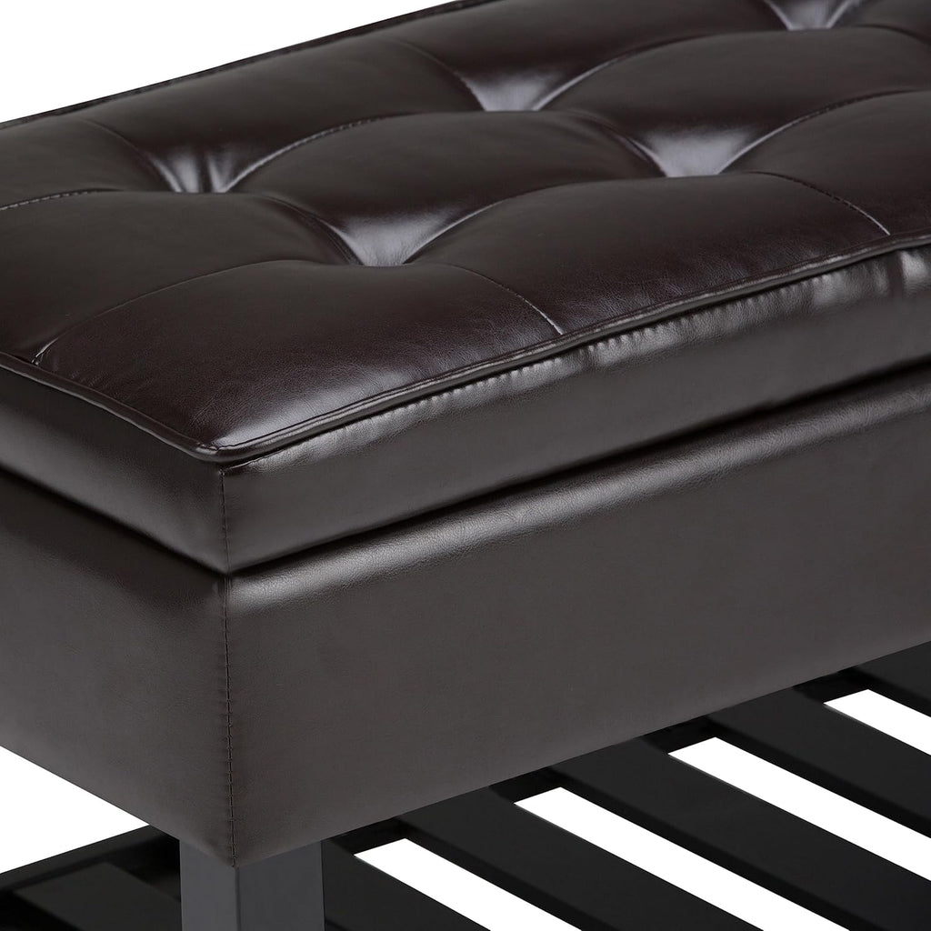 SIMPLIHOME Cosmopolitan 44" Wide Vegan Leather Storage Ottoman in Brown | Tanners brown, transitional storage ottoman bench with tufted lift-top and open shelf; rectangle footstool or footrest.