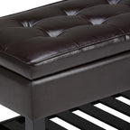 SIMPLIHOME Cosmopolitan 44" Wide Vegan Leather Storage Ottoman in Brown | Tanners brown, transitional storage ottoman bench with tufted lift-top and open shelf; rectangle footstool or footrest.