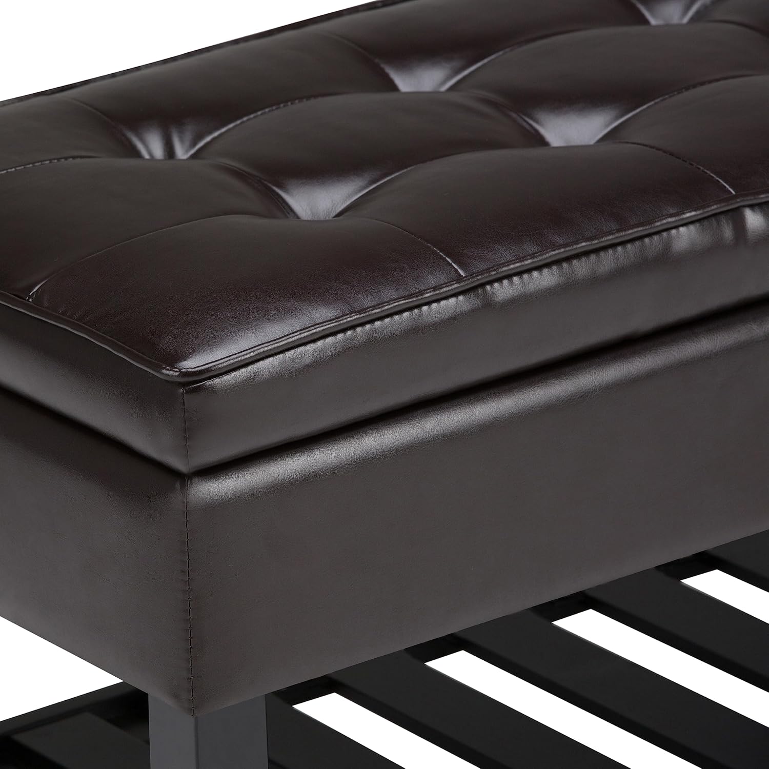 SIMPLIHOME Cosmopolitan 44" Wide Vegan Leather Storage Ottoman in Brown | Tanners brown, transitional storage ottoman bench with tufted lift-top and open shelf; rectangle footstool or footrest.