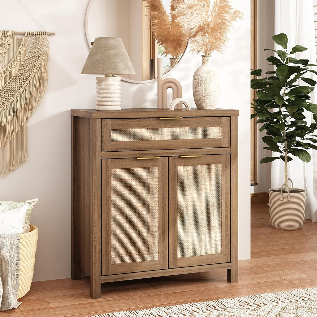 Sideboard Buffet Cabinet with Storage - 30" Rattan Boho Console Cabinets with Drawers, Mid Century Coffee Bar Cabinet for Entryway Living Room, Caramel Oak, Two Doors, Set of 2