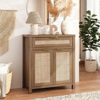 Sideboard Buffet Cabinet with Storage - 30" Rattan Boho Console Cabinets with Drawers, Mid Century Coffee Bar Cabinet for Entryway Living Room, Caramel Oak, Two Doors, Set of 2