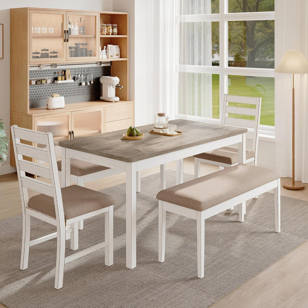 59" Farmhouse Dining Table Set for 6, White Rectangular Wood Table with Upholstered Chairs & Bench for Kitchen or Dining Room (2chiars&2bench)