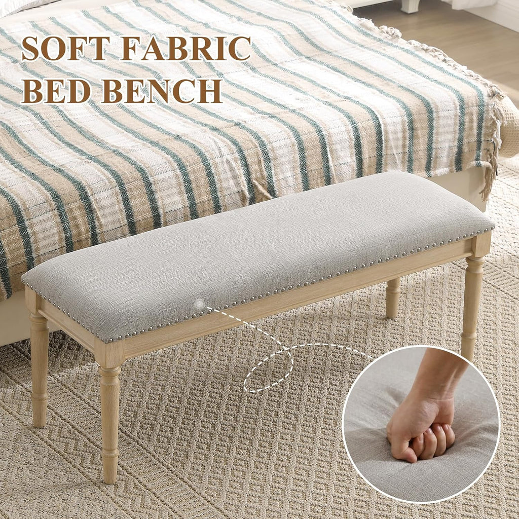 46'' French Country Entryway Bench Wooden Linen Fabric Upholstered Seat Dinng Bench with Nailhead Trim for Hallway End of Bed, Grey
