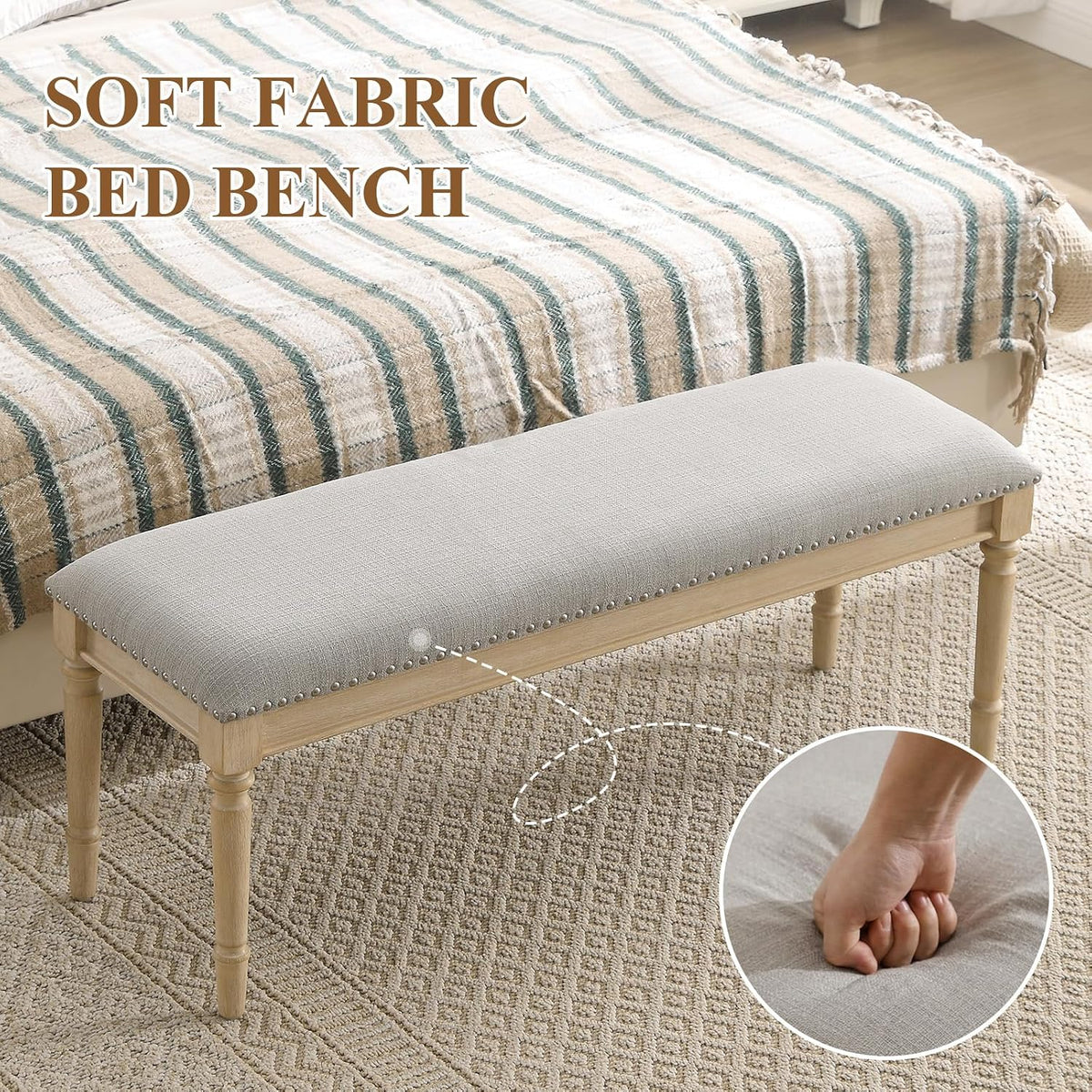 46'' French Country Entryway Bench Wooden Linen Fabric Upholstered Seat Dinng Bench with Nailhead Trim for Hallway End of Bed, Grey