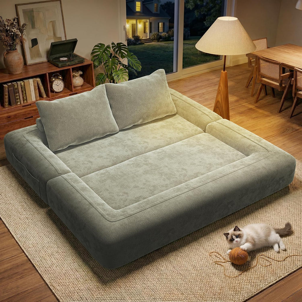 75'' Folding Convertible Sofa Bed with Large Pillow, 4-in-1 Foldable Pull Out Futon Sofa Bed, Chenille Mattress Couch, No Assembly Floor Sleeper Sofa Bed for Living Room/Bedroom, Light Brown