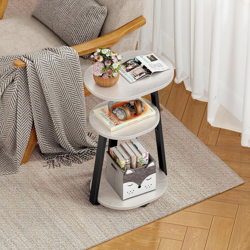 Kalrin Side Table, Small End Table with Metal Frame, 3-Tier Bedside Tables, Round Side Tables for Living Room Bedroom Couch Bathroom, Oval, White Maple