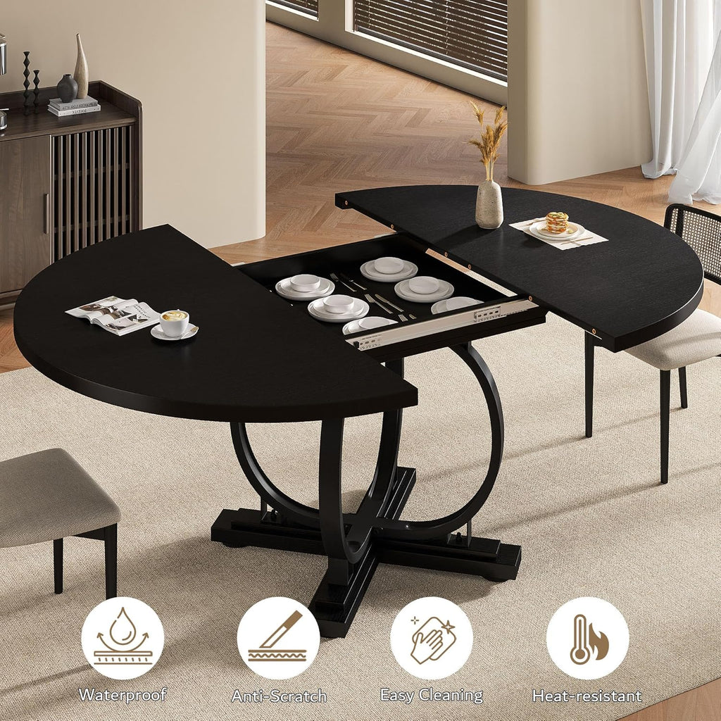 Einhomn 59" Extendable Round Dining Table for 4-6, Modern Oval Kitchen Table with Heavy Duty Curved Legs & Pedestal Base, Space Saving Circle Dinner Room Table for Dining Kitchen Living Room, Black