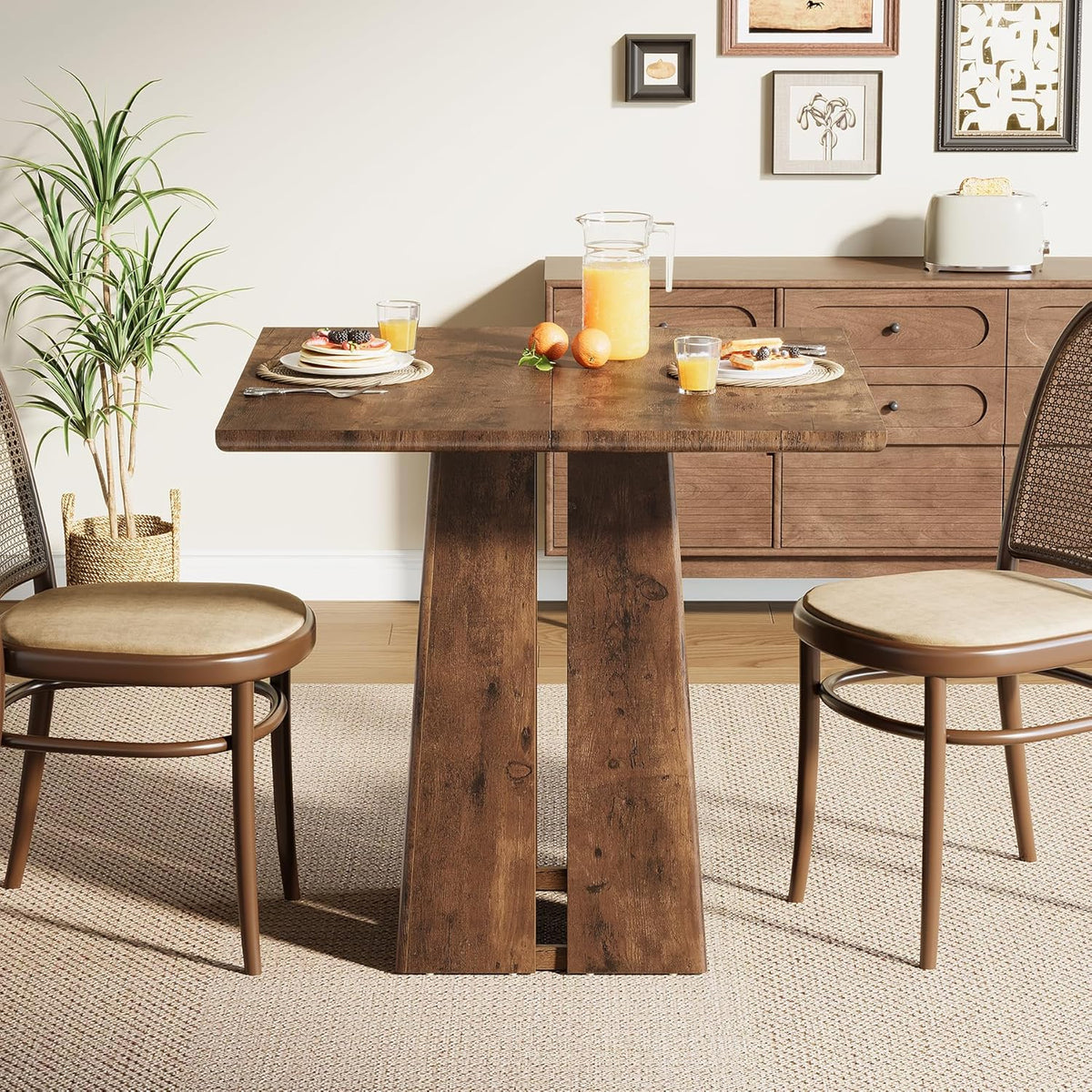 LITTLE TREE Wooden Square Dining Table 4 Sets, 31.5" Farmhouse Kitchen Table with Heavy-Duty Pedestal Base, Dinner Furniture for Dining Room, Living Room, Kitchen (1, Rustic Brown)
