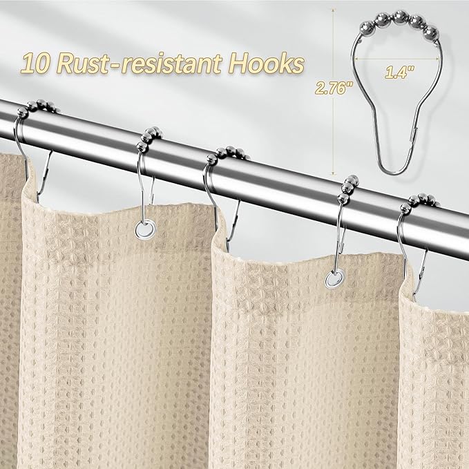 Beige Fabric Shower Curtain - Waffle Textured Heavy Duty Shower Curtains for Bathroom, 256GSM Hotel Spa Luxury Weighted Bath Curtain with 10 Hooks, 60x72, Beige
