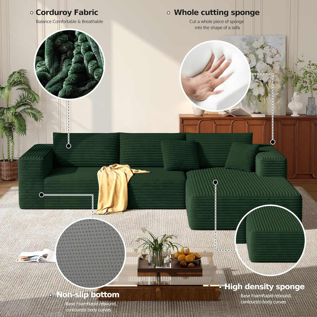 MoonSpeak 107" Sectional Couches for Living Room.Deep Seat Corduroy L Shaped Modular Sofa.Cloud Sectional Sofa.Upholstered Couches with Oversized Chaise(Green,Right Chaise)