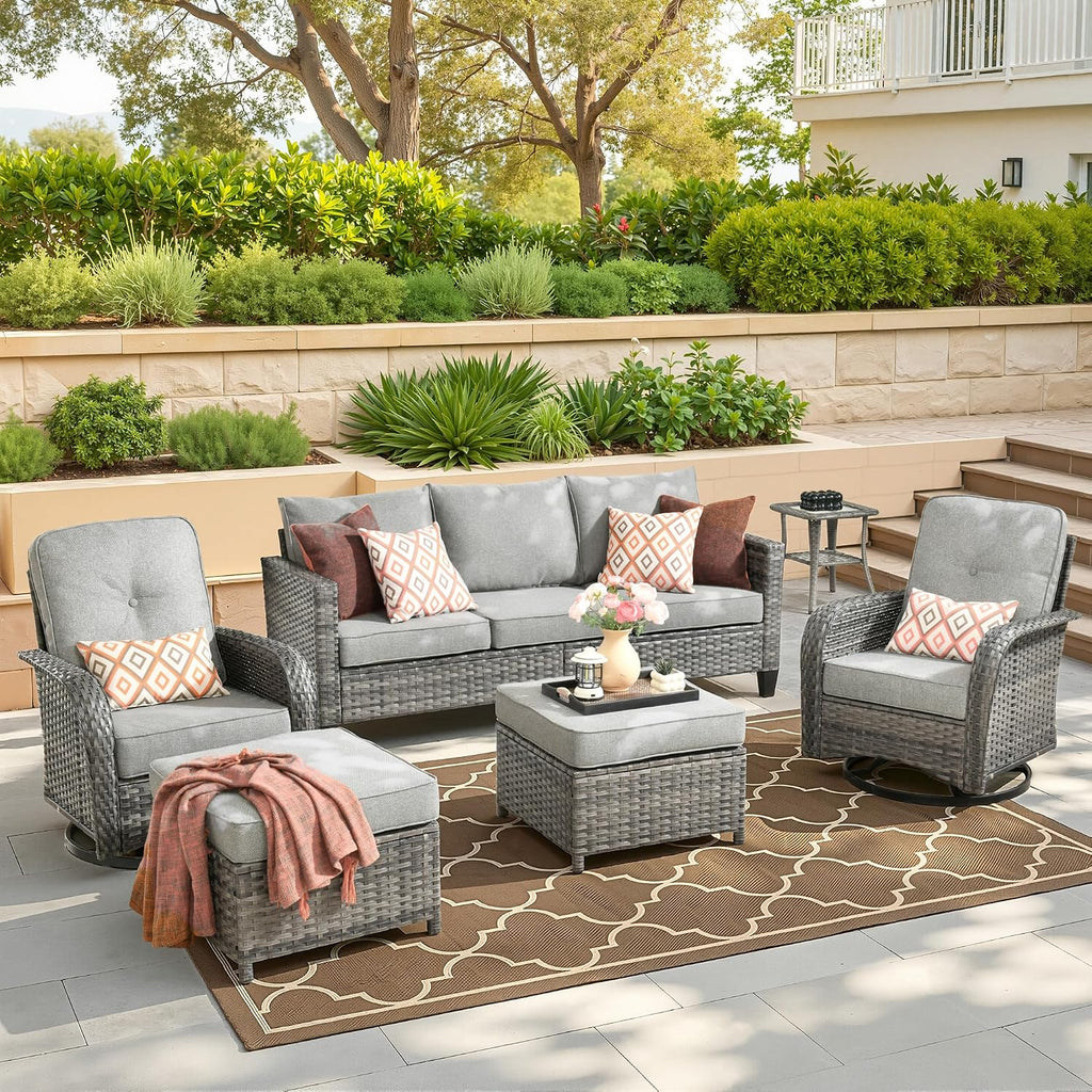 CAODOC 6 Pieces PE Wicker Patio Furniture Set, Outdoor Sectional Sofa with Swivel Chairs, Modern Rattan Conversation Set for Yard, Garden, Lawn, Deck, and Backyard