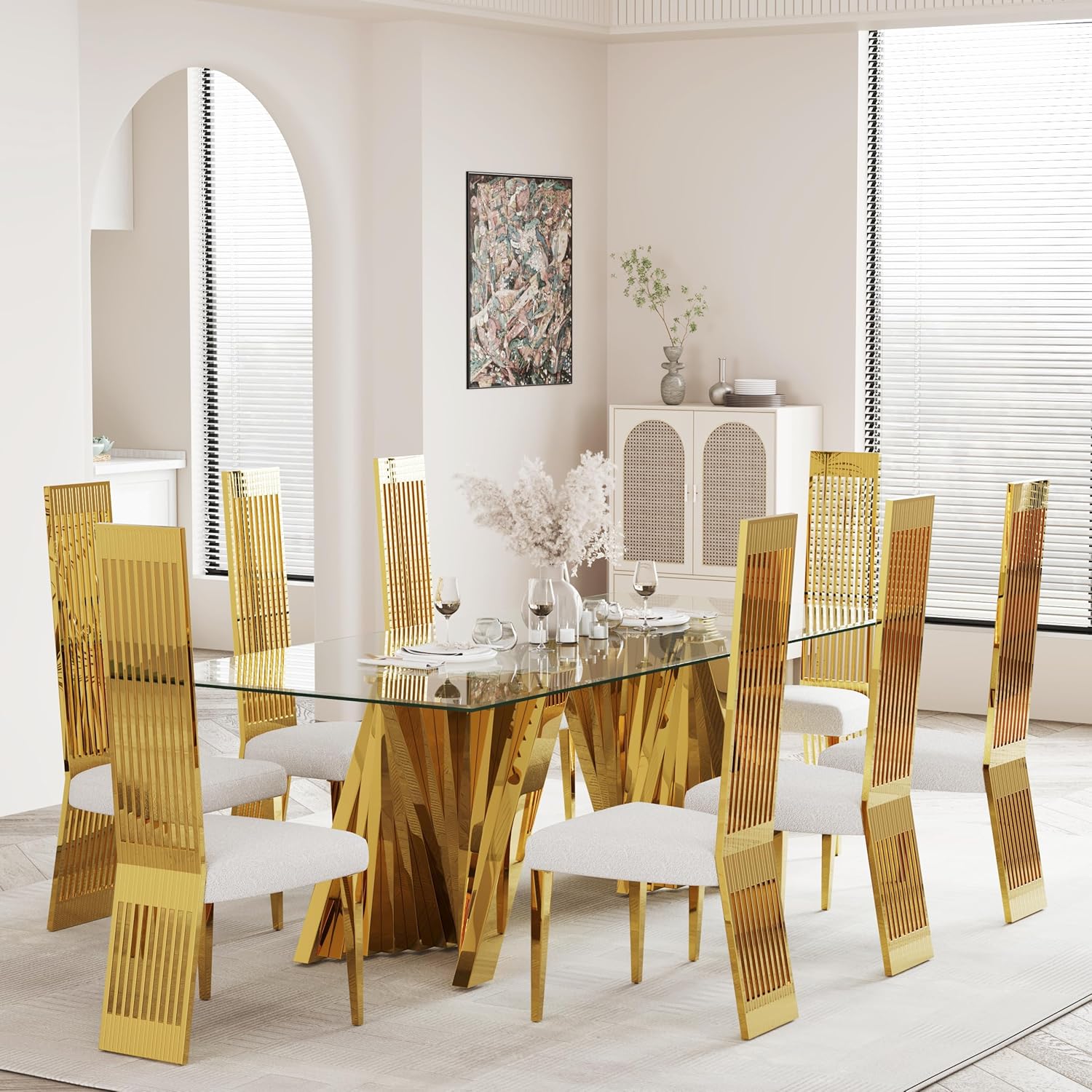White and Gold Dining Chairs Set of 2, Upholstered Boucle Dining Room Chairs with Slatted Polished Stainless Steel High Back and Legs, Modern Luxury Kitchen Room Chairs