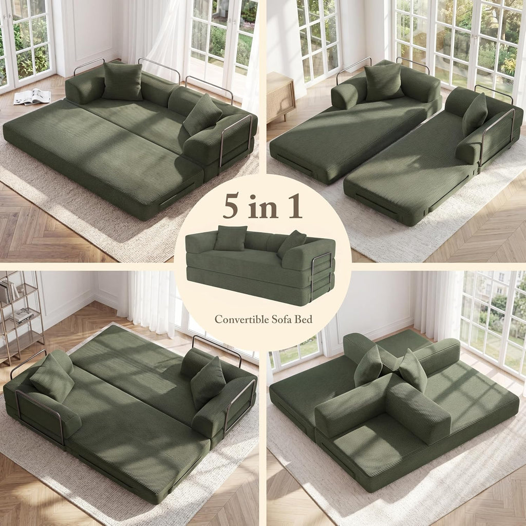 Cloud Couch Futon Sofa Bed, 5-in-1 Convertible Sofa Bed Pull Out Couch Sleeper Sofa Compressed Loveseat, 70" High-Density Sponge & Corduroy Fabric Futon Daybed for Living Room Bedroom(Green)
