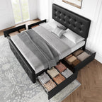 IDEALHOUSE Queen Size Bed Frame with 4 Storage Drawers and Headboard, Black