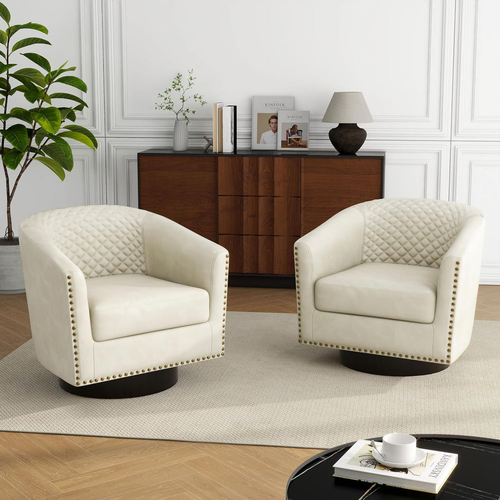 Swivel Barrel Accent Chair Set of 2, Comfy Modern Upholstered Round Faux Leather Arm Chair for Living Room, Bedroom -Beige