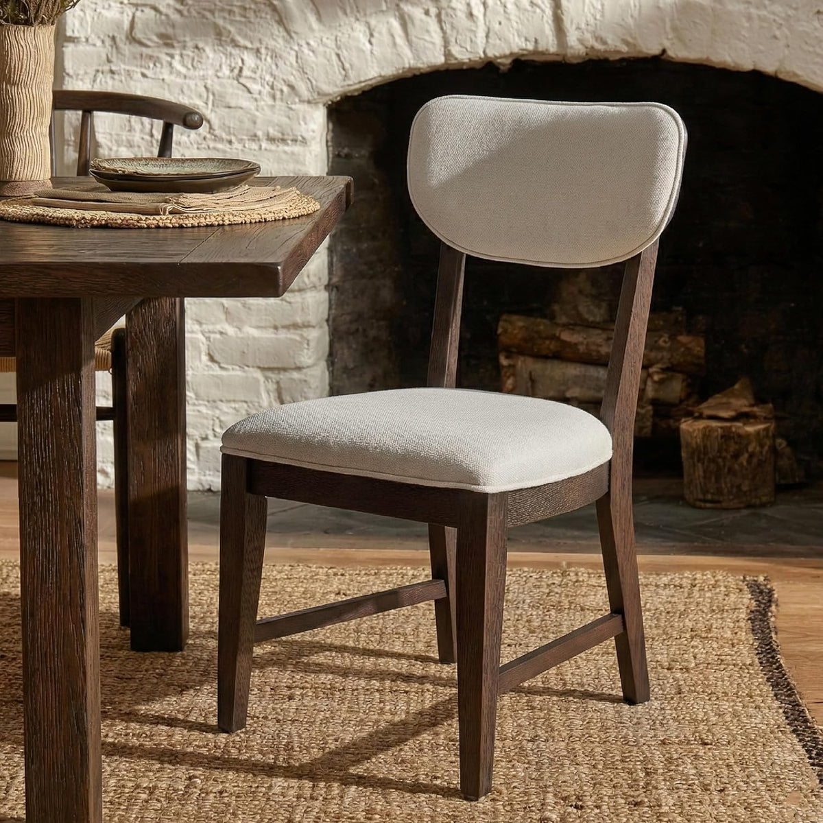 COLAMY Solid Wood Dining Chairs Set of 6, Mid Century Modern Upholstered Kitchen Chairs with 3.3" Thick Cushion, Farmhouse Dining Room Chairs with Level Legs & Wire-Brushed Finish, Brown