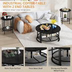 Recaceik Round Coffee Table and End Table Set of 3 with Storage, Modern Vintage Black Coffee Table and Side Table for Living Room, Office, Apartment, Small Space