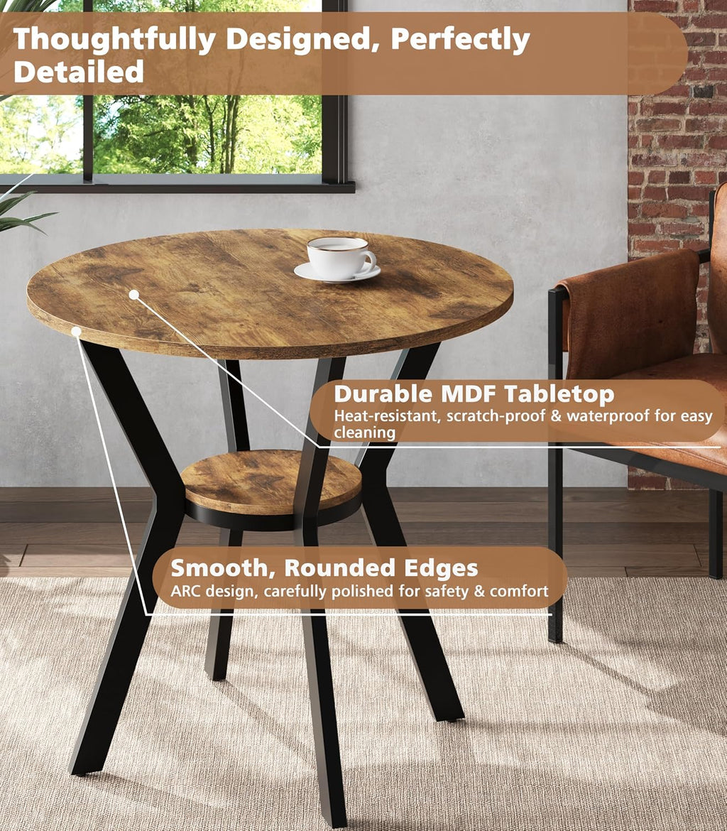MECHYIN 31.5" Round Kitchen Table for 2-4, Small Round Dining Table with Storage, Rustic Wood Circle Table with Metal Legs, Compact Dining Room Table for Kitchen, Cafe, Apartment and Small Space