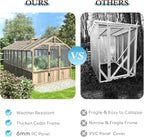 8x16 FT Greenhouse for Outdoor, 6MM Thick Polycarbonate Panel Wooden Walk-in Green House with Adjustable Roof Vents and Lockable Door, Backyard Garden, Light Mocha Brown