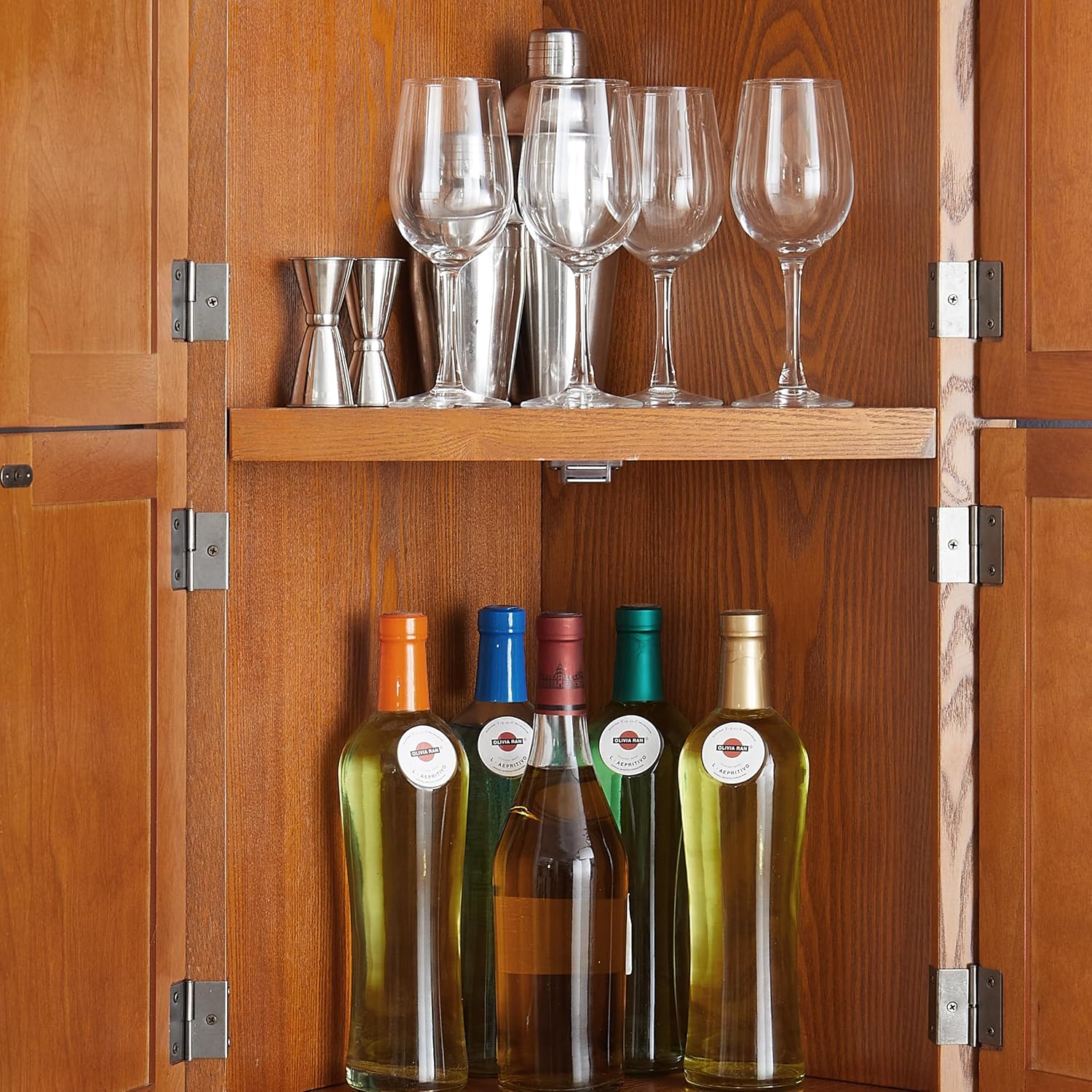 Corner Pantry Cabinet 4-Tier Oak MDF 72H 8 Doors | MDF construction, oak finish, corner pantry cabinet, 8 doors, 4 shelves, 24.4W x 12.2D x 72H