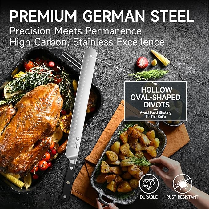 KEEMAKE Brisket Knife 12.5 Inch, Slicing Carving Knife, High Carbon Stainless Steel Sharp Kitchen Knife with Ergonomic Handle Full Tang Design for Ham Meat Cutting and BBQ