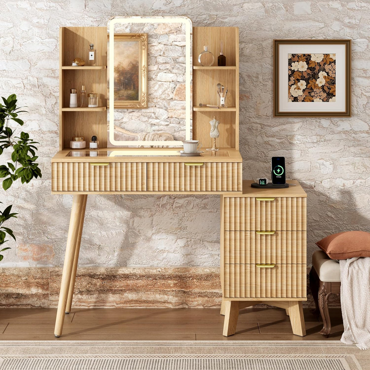 Vanity Desk With HD Lighted Mirror and Lights, Fluted Small Makeup Vanity with Storage Drawers & Shelves, Modern Dressing Table Set with Power Outlet & Glass Table Top for Women Girls Bedroom, Oak