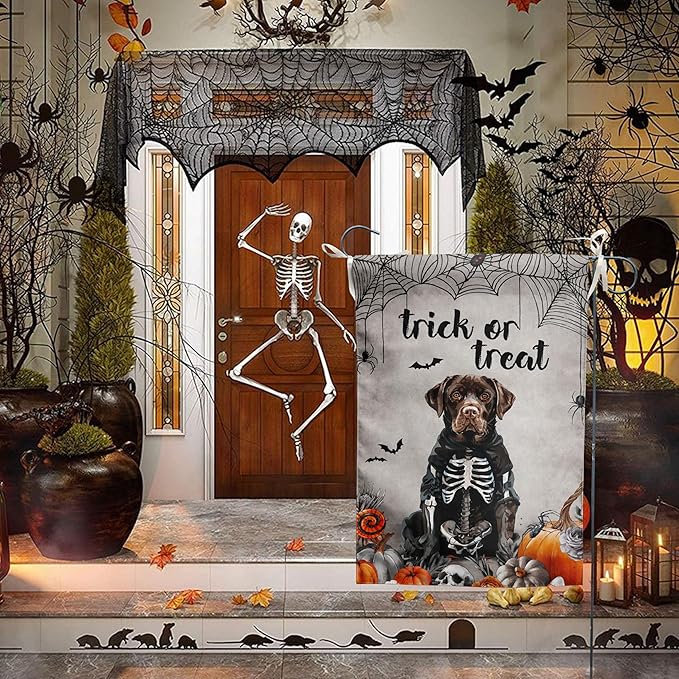 Halloween Chocolate Lab Garden Flag Trick or Treat Yard Flag Ghost Labrador Dog Garden Flags for Outside 12x18 Double Sided Mini Skeleton Halloween Decor Outdoor Lawn Welcome Flag