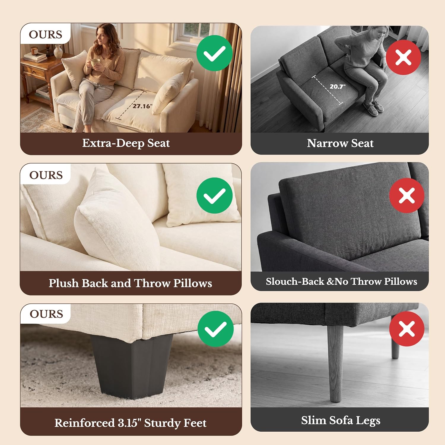 KYJ Loveseat Sofa, Cloud Love Seat Couch 3 Layer Cushion for Small Spaces | 50" Chenille Small Sofa, 27" Deep Seat, 2 Washable Pillow, in a Box for Bedroom & Living room, Singles, Couple & Kid, Beige