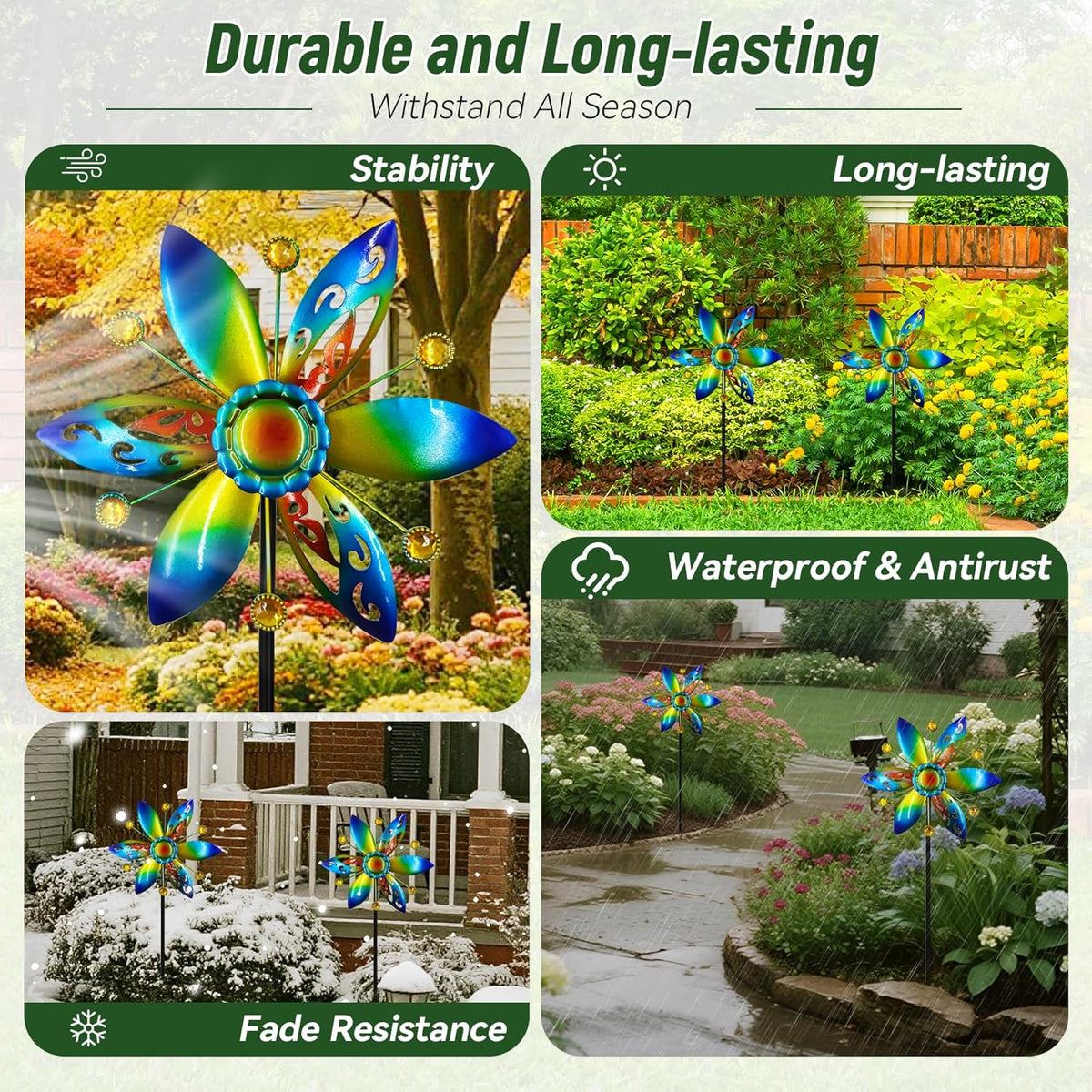 Small Wind Spinner for Outdoor, Kinetic Wind Spinner & Sculpture with Butterfly Cutout Blades & Yellow Acrylic Beads, Decorative Windmill Metal Yard Art for Patio, Lawn & Flower Bed