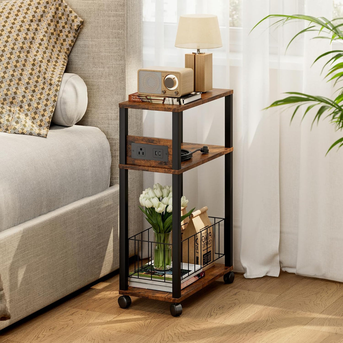 DGSANDGO Narrow Rolling Side Table with Charging Station (Outlets/USB Ports) & Storage Basket - Small Space End Table for Living Room Bedroom Office (Rustic Brown)