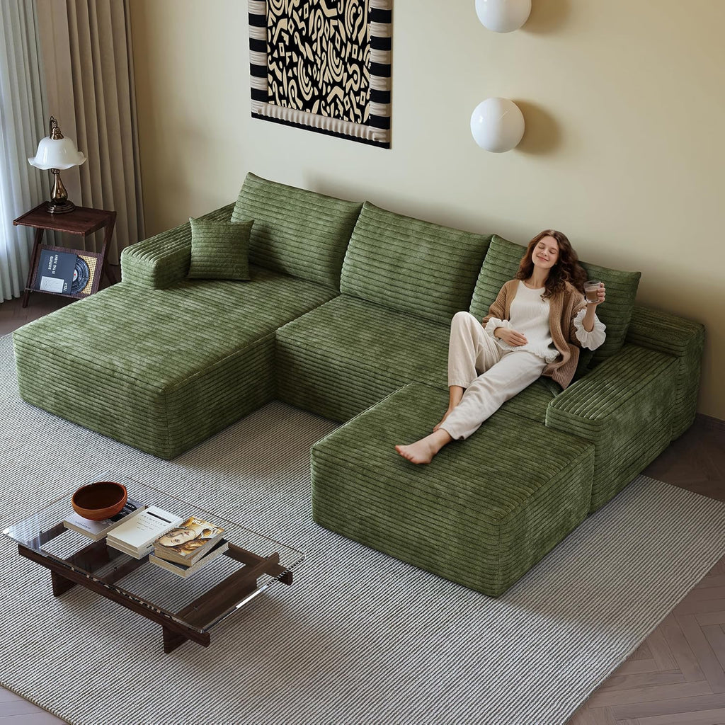 37.4 Inch Oversized Ottoman for Couch, Corduroy Upholstered Footrest with Compressed Memory Foam, Modular Sectional Cloud Pouf, No Assembly Required, DIY Combination, Green