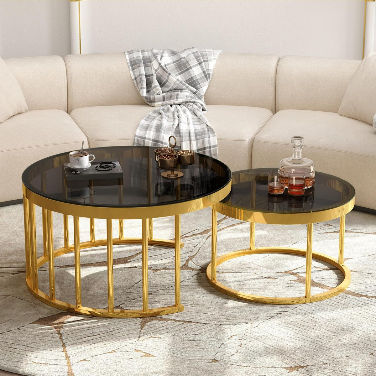 Round Nesting Coffee Table Set of 2 with Gold Frame & Mirrored Top, Black | Modern Circular Cocktail Tables with Tempered Glass, Space-Saving for Living Room & Apartment