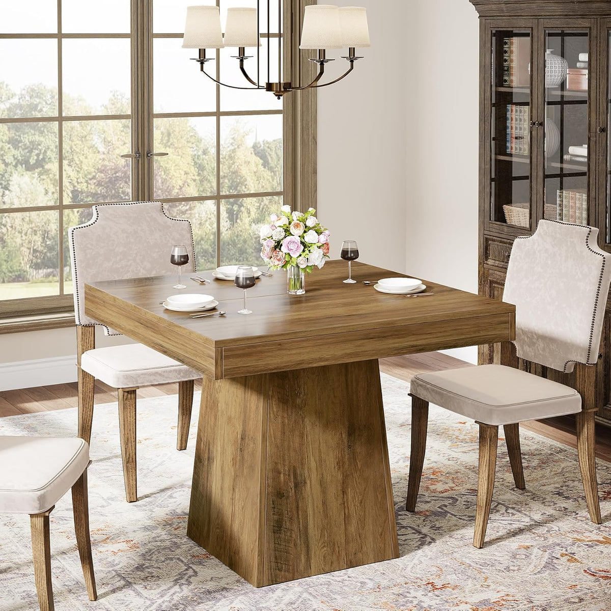 Tribesigns 31.5" Square Dining Table for 4, Farmhouse Kitchen Table with 3.93" Thick Tabletop & Heavy-Duty Base, Space-Saving Small Dinner Table for Dining Room, Apartment, Living Room, Brown