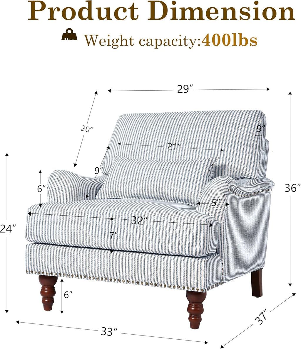Accent Chairs Set of 2, Upholstered Armchair with Nailhead Trim & Solid Wood Legs, Mid Century Modern Club Chair for Living Room/Bedroom/Reading Room, Pinstripe Blue