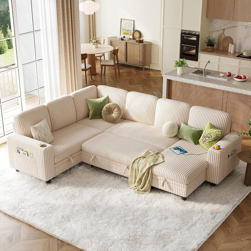 LINSY HOME Sectional Couches for Living Room, 81" U Shape 6 Seats, Beige | Sleeper sofa with pull out couch bed, corduroy couch with storage