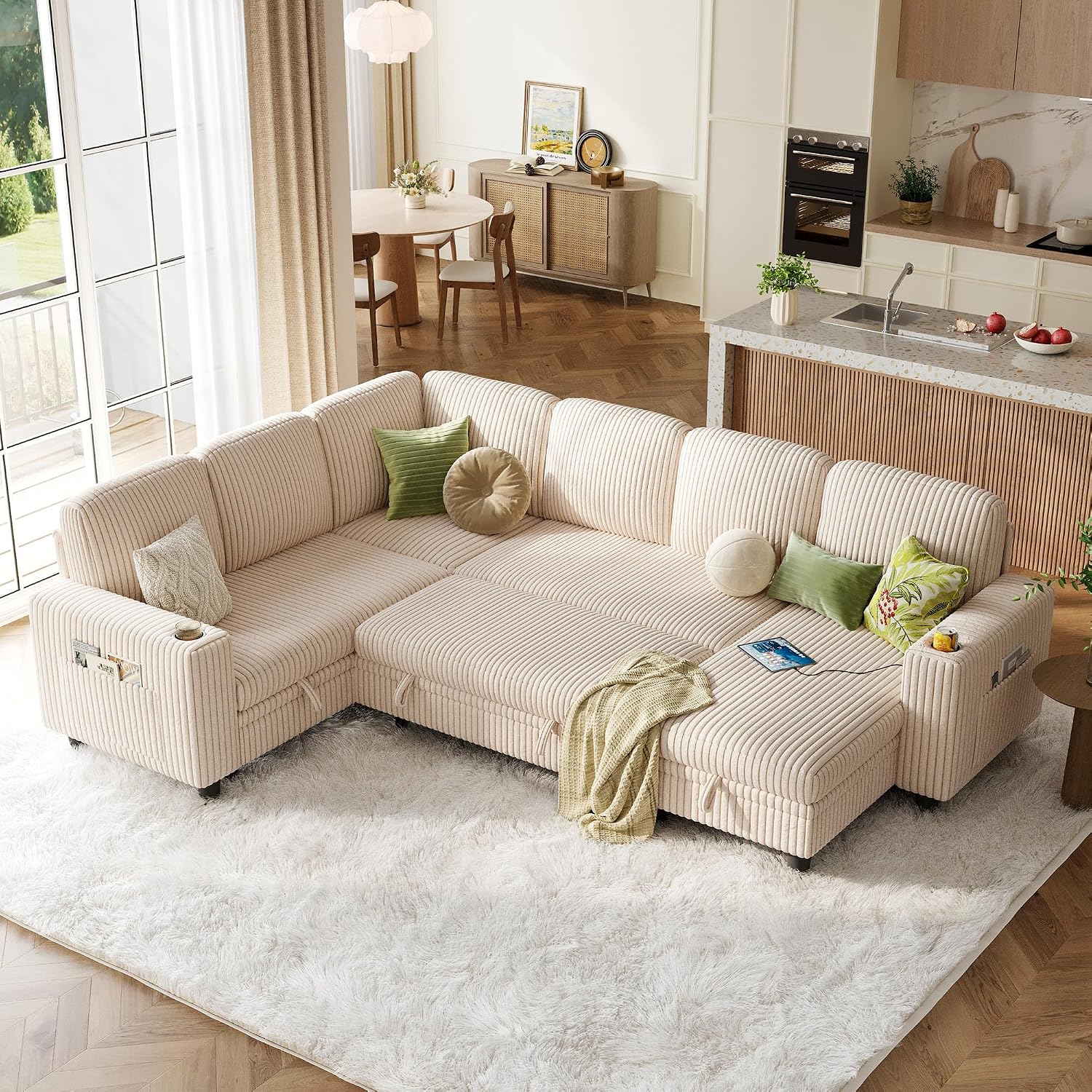 LINSY HOME Sectional Couches for Living Room, 81" U Shape 6 Seats, Beige | Sleeper sofa with pull out couch bed, corduroy couch with storage