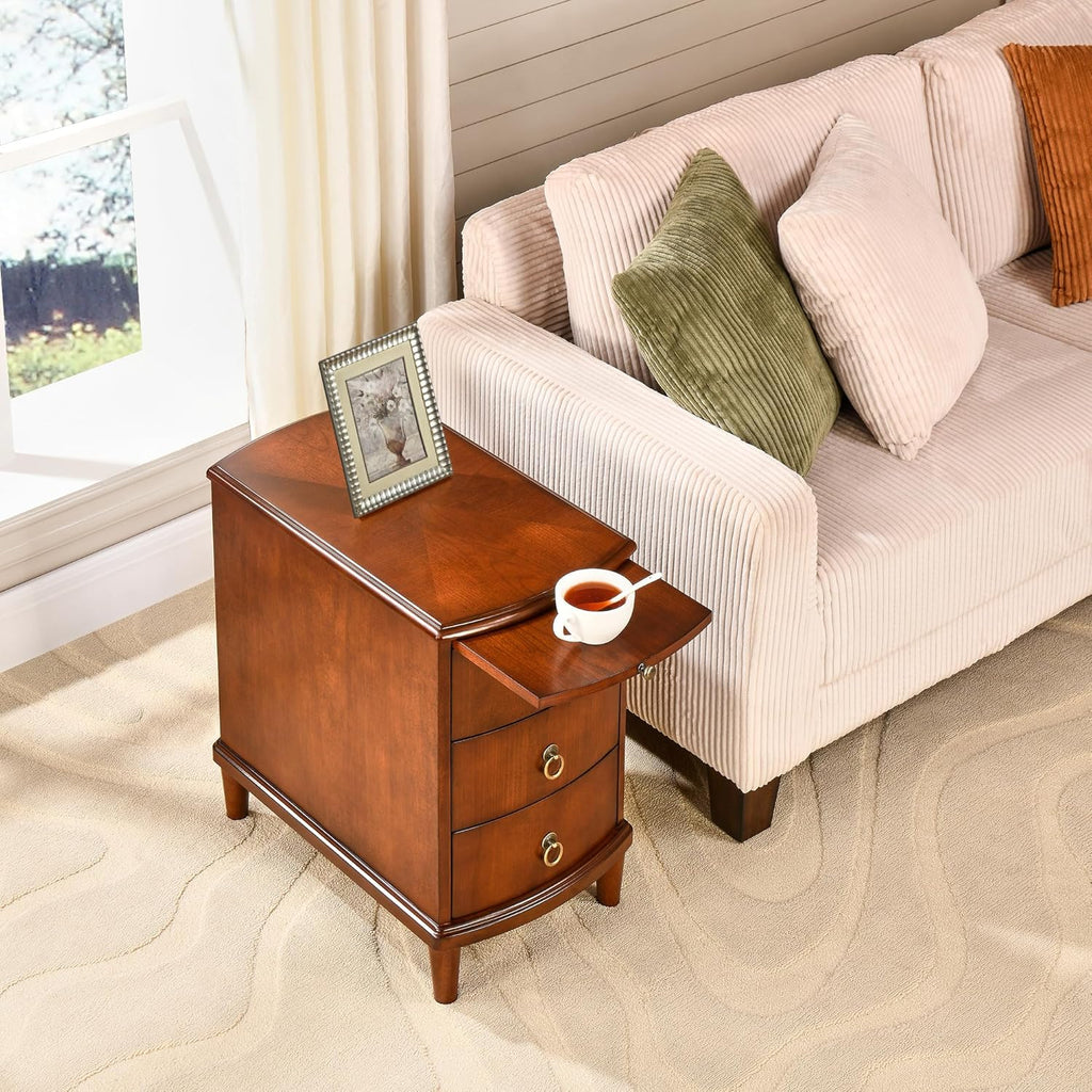 Solid Wood End Table with 3 Drawers, Cherry Red American Style Beside Table with Slide-Out Coffee Tray, Sofa Chair Side Table Nightstand for Living Room Bedroom, Rustic Wood Grain Accent Table 1569MG