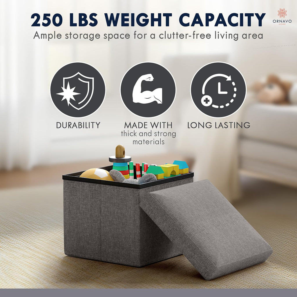 Ornavo Home Small Storage Ottoman Foldable Collapsible Cube Square Linen Ottoman Foot Rest Stool Seat, for Living Room, Bedroom, Home Office, Dorm - 12 x 12 x 12, Dark Gray