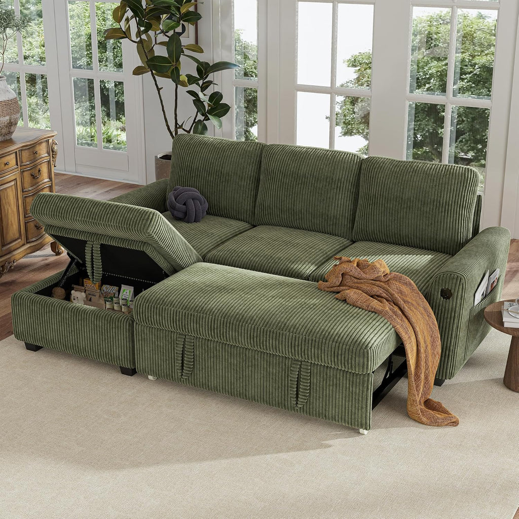 Hanherry 81" Sectional Couch with Pull Out Bed,3 Seat Corduroy Sleeper Sofa with Storage Ottoman & USB Charging,Comfy L Shaped Modular Couches for Living Room,Apartment