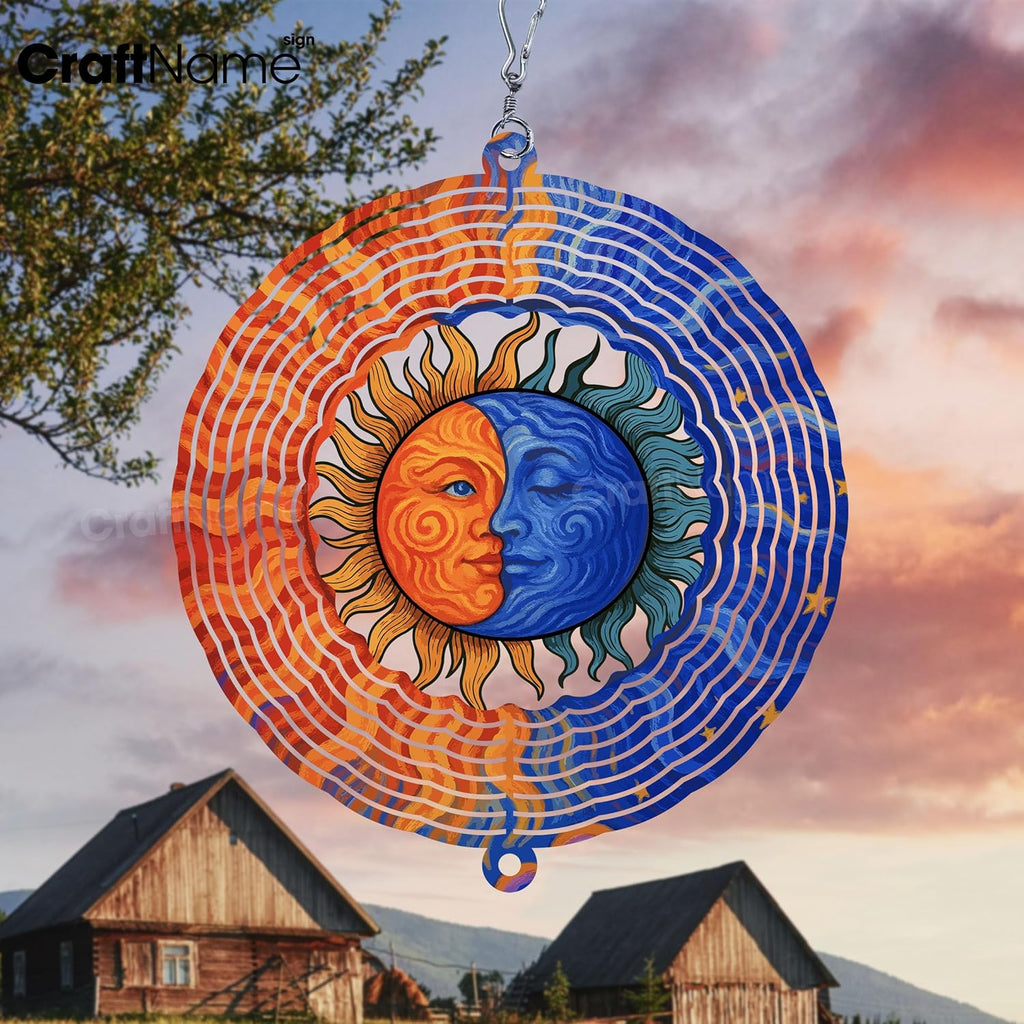 Personalized Sun & Lunar Wind Spinner 3D Stainless Steel, Sun Garden Spinner Hanging Outdoor Decor, Wind Spinners Outdoor, Custom Gift for Grandmother, Mom, Wife