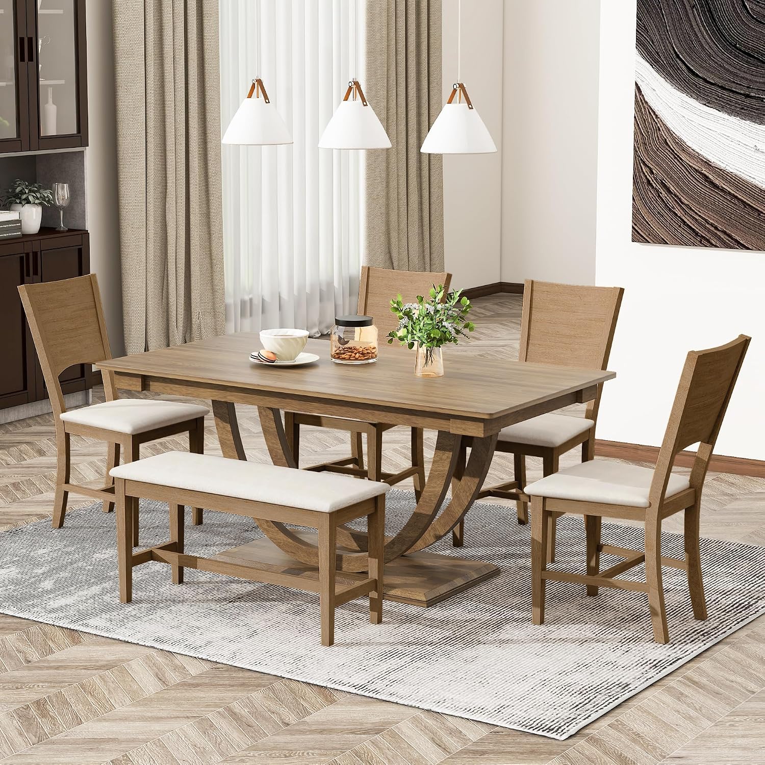 LUMISOL 6-Piece Dining Table Set with Bench and 4 Chairs, Wood Half Round Kitchen Table Set for 6 People, Modern Style, Brown