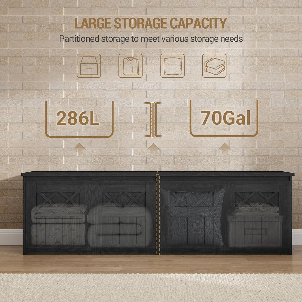 Hzuaneri 59" Rustic Storage Chest and Bench | 70 Gal | 330lb Seat | Soft-Close Hinges | Rustic Black | Shoe and Blanket Storage for Bedroom, Living Room, Entryway | SB51504X