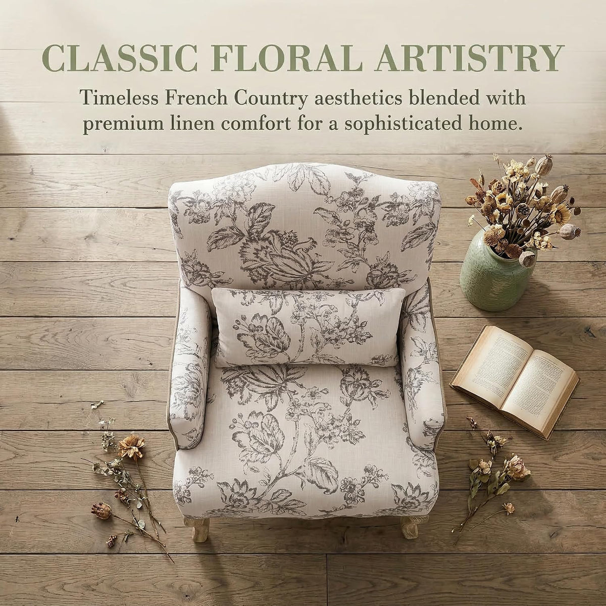 Shunzhi Floral Accent Chairs Farmhouse Upholstered Armchair Linen Reading Chair Mid Century Modern Single Sofa Chair with Pillow for Bedroom/Living Room/Fireplace, Beige, 1PC