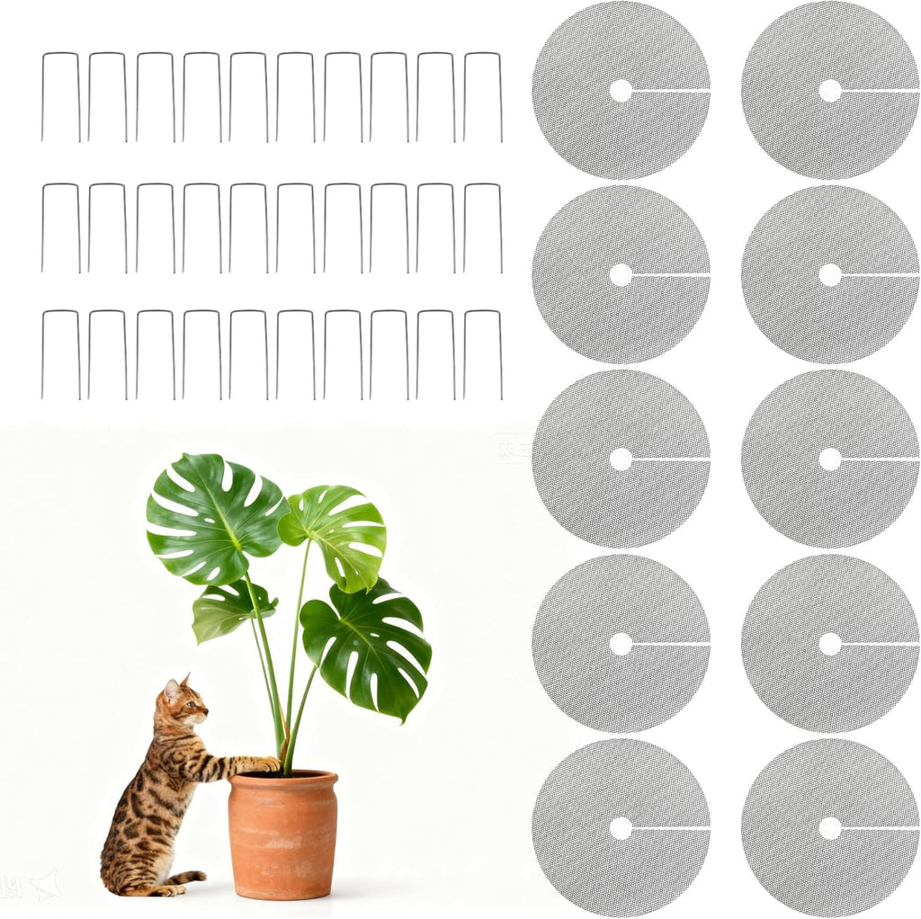 10pc 15.7" Plant Pot Covers Custom Cut Plant Pot Grids to Protect Soil from Animals for Indoor & Outdoor Potted Plants by Preventing Soil Damage Includes 30 Securing Stakes