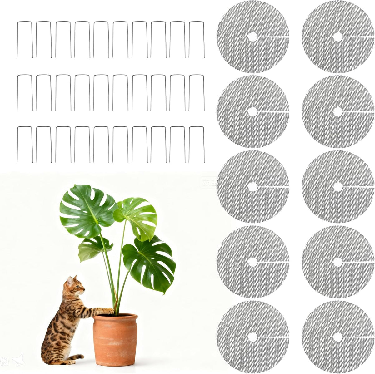 10pc 15.7" Plant Pot Covers Custom Cut Plant Pot Grids to Protect Soil from Animals for Indoor & Outdoor Potted Plants by Preventing Soil Damage Includes 30 Securing Stakes