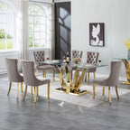 70" Modern Glass Dining Table for 6-8, Luxury Gold Glass Dining Room Table with Mirrored Floral-Shape Stainless Steel Base, Rectangle Kitchen Dinner Tables for Dining Room Kitchen