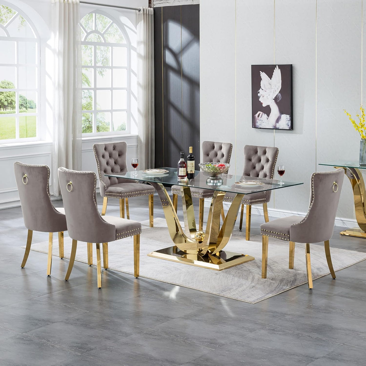 70" Modern Glass Dining Table for 6-8, Luxury Gold Glass Dining Room Table with Mirrored Floral-Shape Stainless Steel Base, Rectangle Kitchen Dinner Tables for Dining Room Kitchen