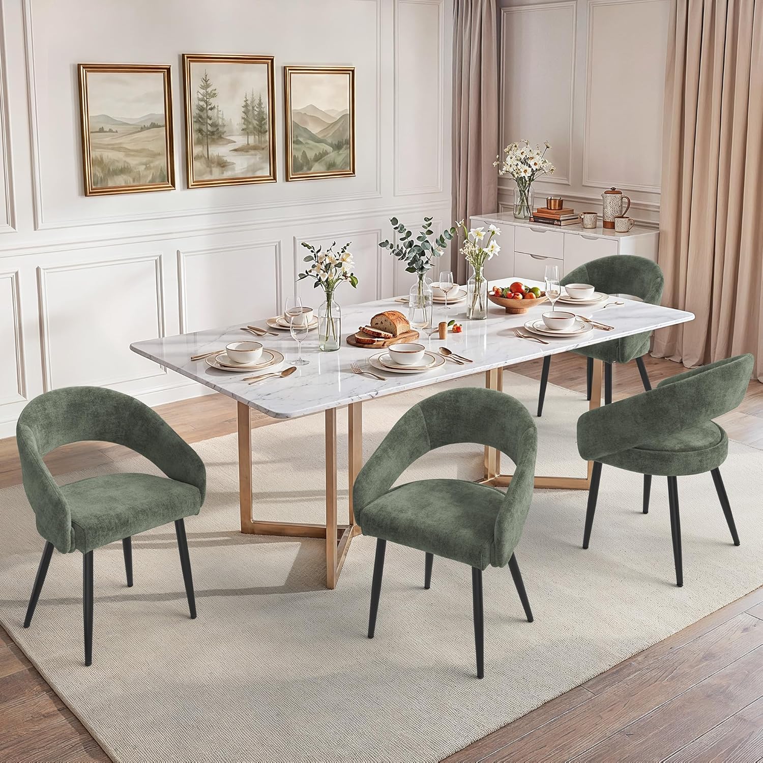 LUE BONA Modern Dining Chairs Set of 4, Upholstered Armrest Side Chairs for Kitchen & Dining Room, 18.5" Seat Height, Comfortable Curved Hollow Backrest, Black Metal Legs, Easy Assembly, Grayish Green