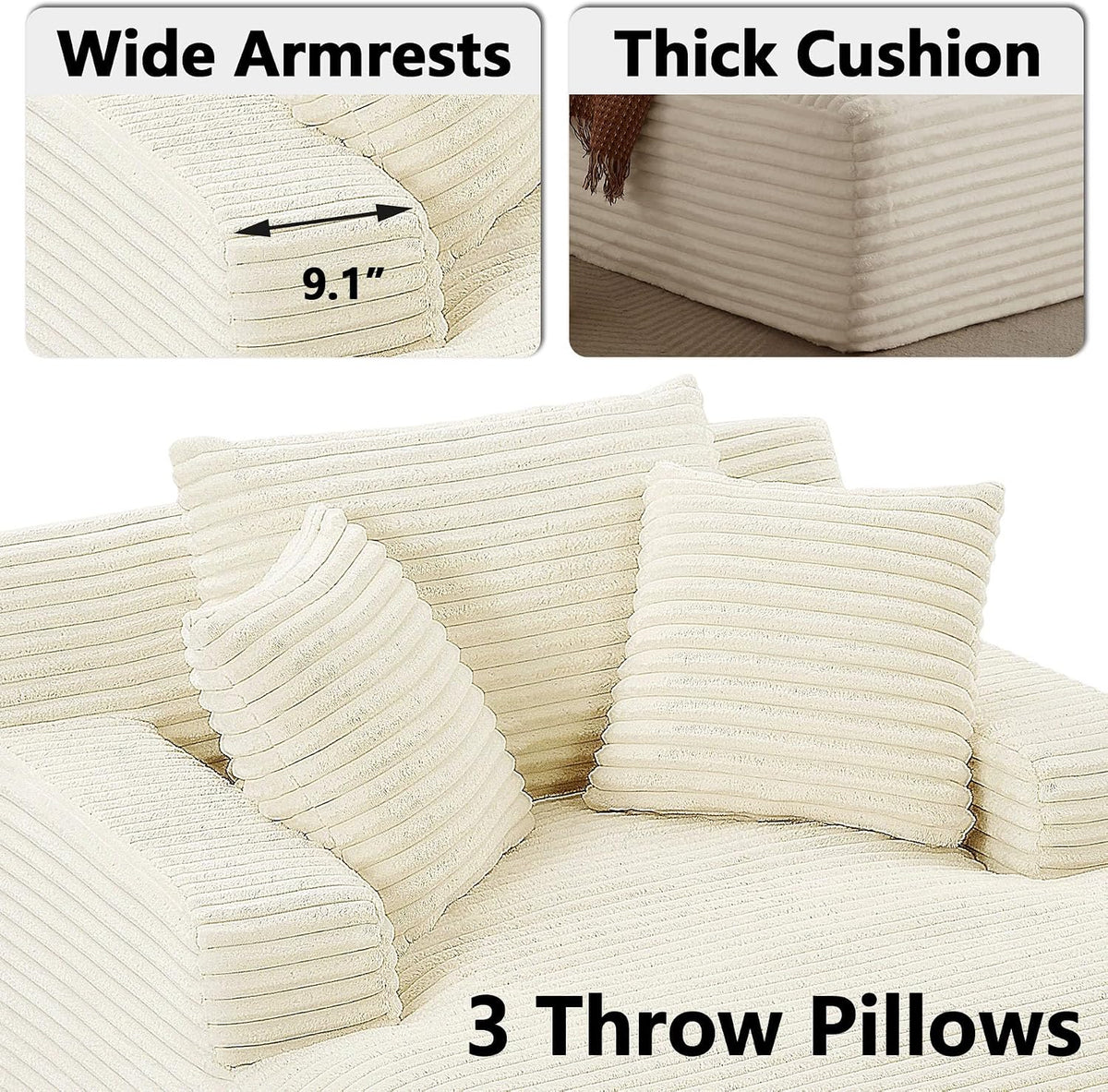 HRVEOCEI 67" Chaise Lounge Indoor, Oversized Chaise Lounge Chair with 3 Comfy Pillows for Living Room Bedroom, Wide Arms Corduroy Fabric High-Density Foam No Assembly Required (White)