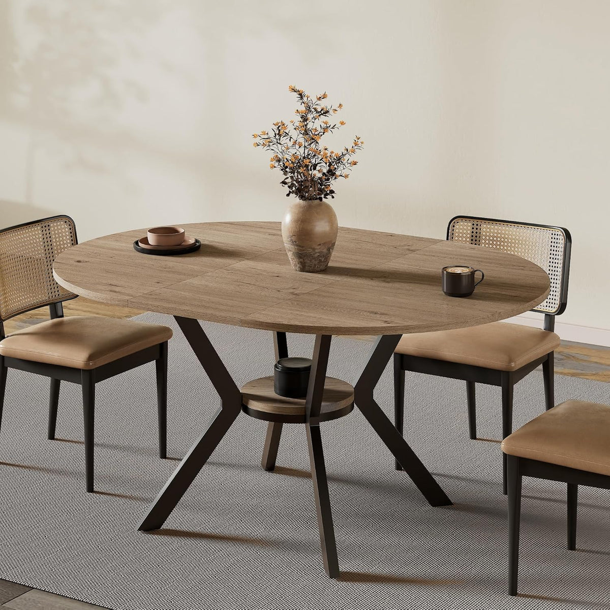 42"-58" Extendable Round Dining Table for 4-6, Kitchen Oval Table with Built-in Flip Leaf & Storage Shelf, Space Saving Modern Design with Sturdy Metal Legs for Kitchen, Living Room & Small Apartments